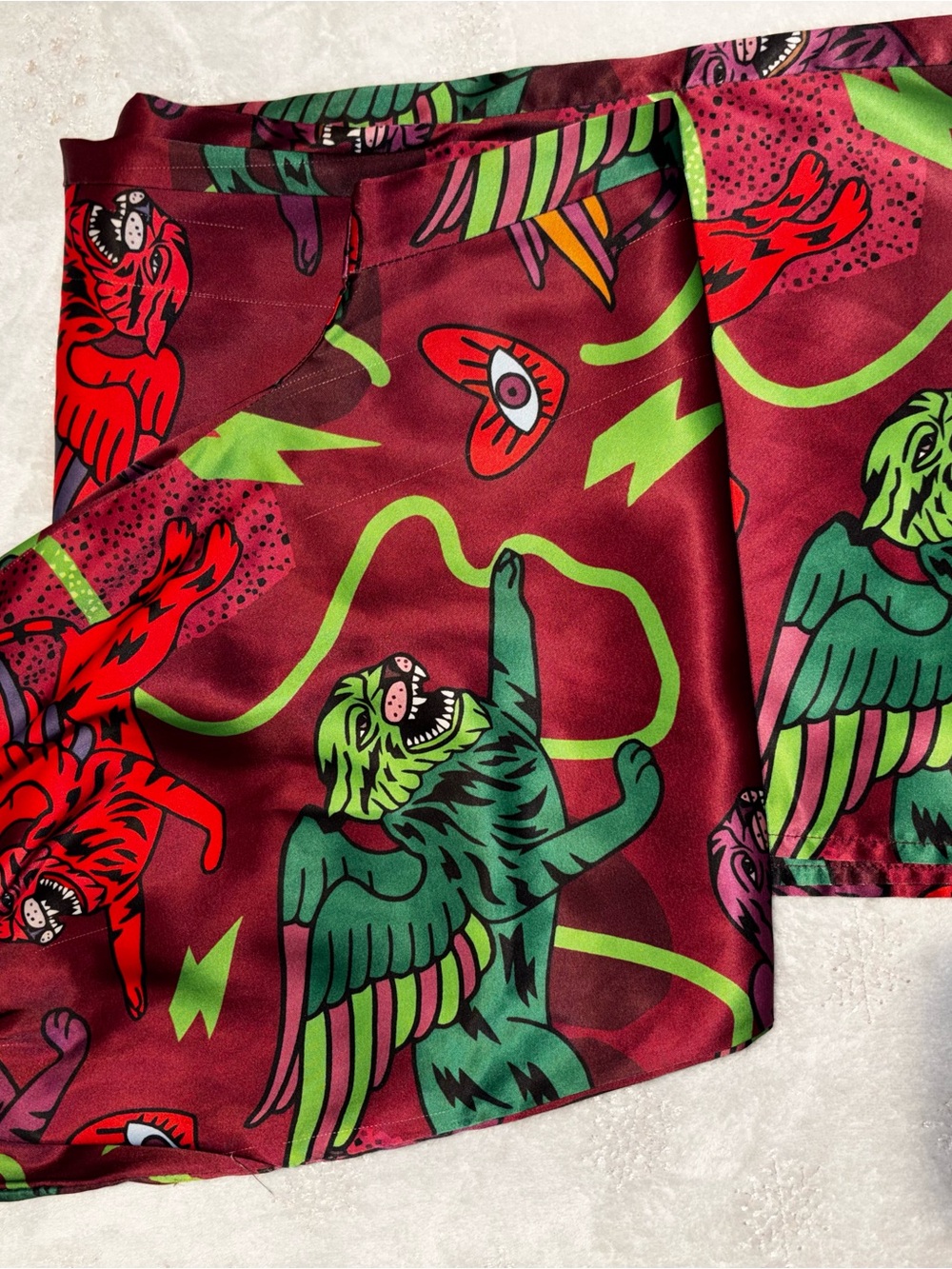 Bold Burgundy Satin Set with Neon Green & Red Graphic Print